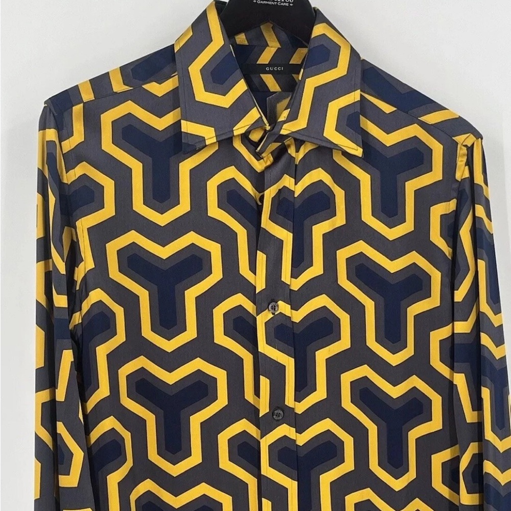 Gucci Yellow and Black Geometric satin Men's Shirt 40/15 1/2